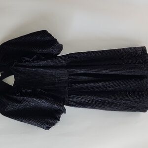 Black Metallic Ruffle Puff Sleeve Dress